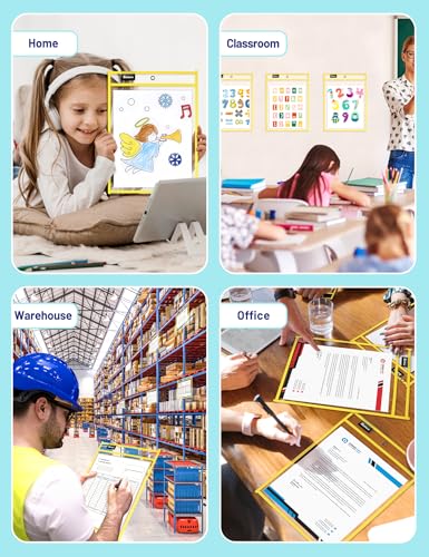 SUNEE 6 Packs Oversized Reusable Dry Erase Pocket Sleeves with Ring, Yellow 10x14 Ticket Holders, Clear Plastic Sheet Protectors, Teacher School Classroom Supplies - color: Yellow, style: 6 Pack