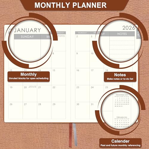 2026-2027 Planner - 2026-2027 Weekly Monthly Planner, July 2026 - June 2027, 5.85'' x 8.5'' Academic Planners with Leather Cover, Pen Holder, Bookmarks - color: Brown