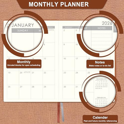 2026-2027 Planner - 2026-2027 Weekly Monthly Planner, July 2026 - June 2027, 5.85'' x 8.5'' Academic Planners with Leather Cover, Pen Holder, Bookmarks - color: Brown