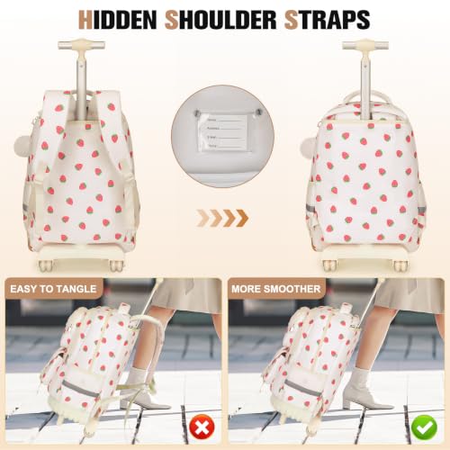 ACESAK Rolling Backpack for Girls, Roller Backpack with Lunch Bag & Pencil Pouch for Teen Girls Kids, Bookbag Backpack with Wheels for Women Elementary Middle High School Travel (Beige Strawberry) - color: Beige Strawberry