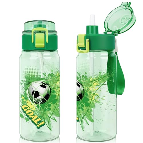 Tritan Kids Water Bottle for School, 18.6 oz Leakproof 2-in-1 Toddler Water Bottle with a Pop-up Detachbale Straw, Dishwasher Safe (Soccer) - color: Soccer