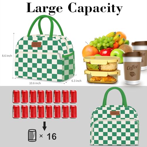 Coobiiya Lunch Bag Lunch Box for Women Men, Cute Lunch Tote Bags Insulated Reusable LunchBags Large Capacity Cooler Bag for Work Travel Picnic adults - color: Green gingham