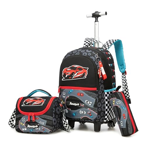 Kids Rolling Backpack for Boys 16.5" School Roller Backpack with Lunch Box, Toddler Backpacks with Wheels Rollig Wheeled Backpacks for Elementary School - color: Black Car