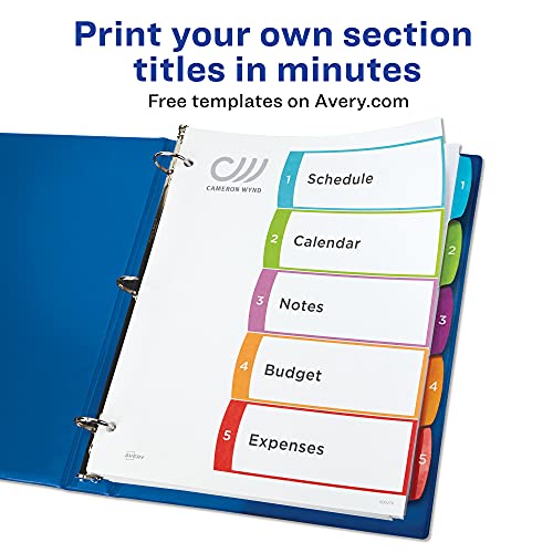 Avery 5 Tab Dividers for 3 Ring Binders, Customizable Table of Contents, Multicolor Tabs, 1 Set (11840) (Pack of 3) - size: Pack of 3