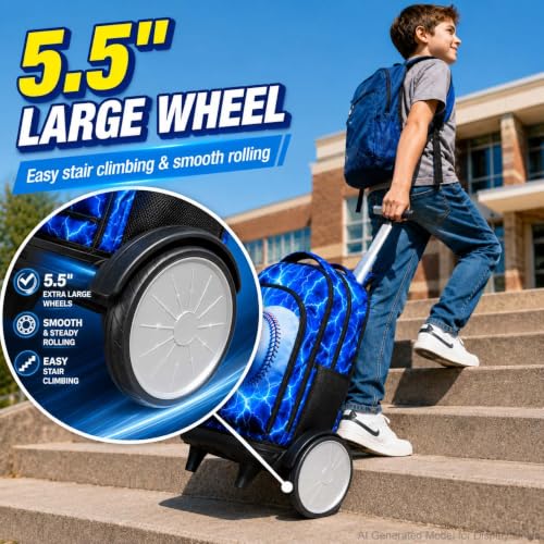 UFNDC Big Wheel Boys Rolling Backpack, Water-Resistant Wheeled School Bag with Lunch Box & Pencil Case, 3-Pack Kids Roller Bookbag Travel Set - Lightning Baseball - color: Rolling Backpack Lightning Baseball Blue