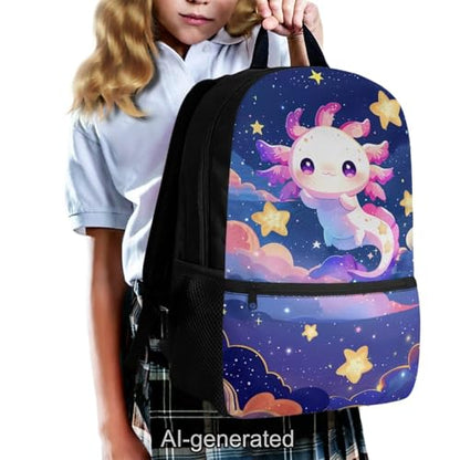 Galaxy Axolotl 5 Piece School Backpack Set for Girls and Boys with Lunch Bag Pencil Case and Water Bottle Carrier Large Capacity Bookbag - color: Galaxy Axolotl