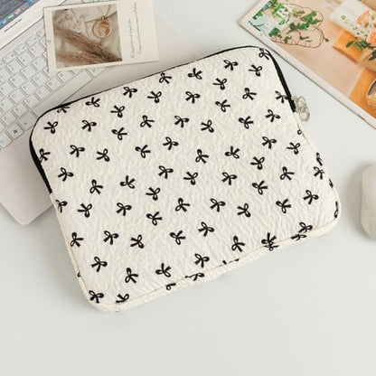 Cute Bow Laptop Sleeve 13.3 Inch, Puffy Quilted Protective Case with Bowknot, Aesthetic Padded Computer Cover Compatible with Mac-Book Air Pro, iPad - color: Black White