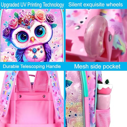 3Pcs Rolling Backpack for Girls, Owl Kids School Backpacks with Wheels, Roller Bookbag with Lunch Box for Elementary Preschool(Pink) - color: Owl Pink