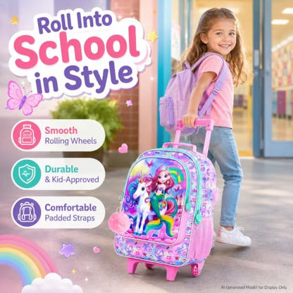 AGSDON 3PCS Kids Rolling Backpack, Girls Roller Wheels Bookbag, Wheeled Elementary School Bag with Lunch Bag - Mermaid - color: Fish Uni Rainbow Roller