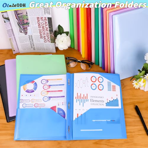 Oleitodh Plastic Folders with Pockets - 60 Pack 20 Colors & 2 Pocket Folder Bulk with 2 Business Card Slots, Heavy Duty File Folders for School Home Office and Business - style: 3-Prong with View Pocket Style