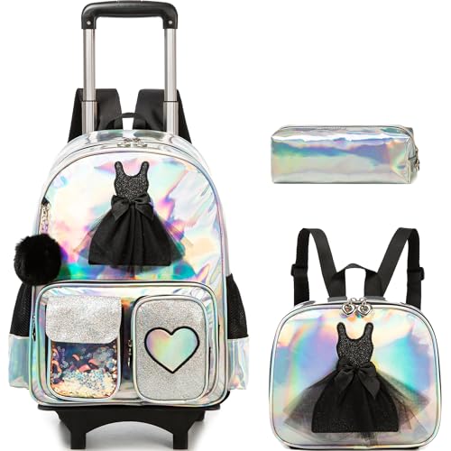 Meetbelify Rolling Backpack for Girls Backpack with Wheels for Elementary Student Kids School Bag with Lunch Box Pencil Case for Girls Ages 6-8 Years Old Black - color: Black 01