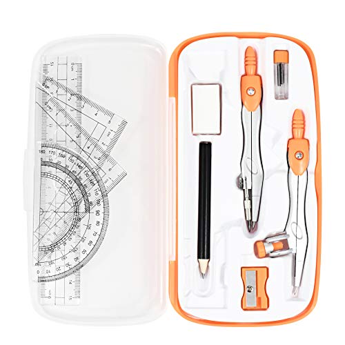 Vobou Math Geometry Sets 10 Pcs, Student Supplies Kit, for School (Orange) | Shatterproof Storage Box,Includes Rulers,Protractor,Compass,Eraser,Pencil Sharpener,Lead Refills,Pencil, for Drafting - color: Orange