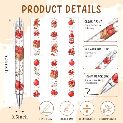 6 Pack Pomegranate Inspirational Pens, Cute Kawaii Fruit Ballpoint Pen Set for Girls Kids Teens, Aesthetic School Supplies with Sweet Pomegranate Designs, Teacher Gifts, Classroom Rewards