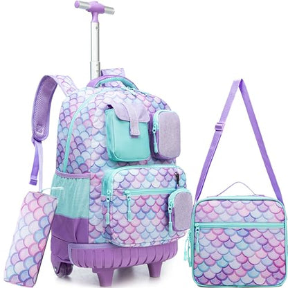 Meetbelify Rolling Backpack for Girls Boys Backpacks with Wheels Kids Carry on Luggage for Girls Boys - color: Girls Mermaid