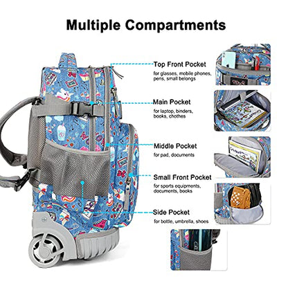 Tilami Rolling Backpack 21 inch with Lunch Bag Wheeled Laptop Backpack, Blue Jeans - color: Blue Jeans