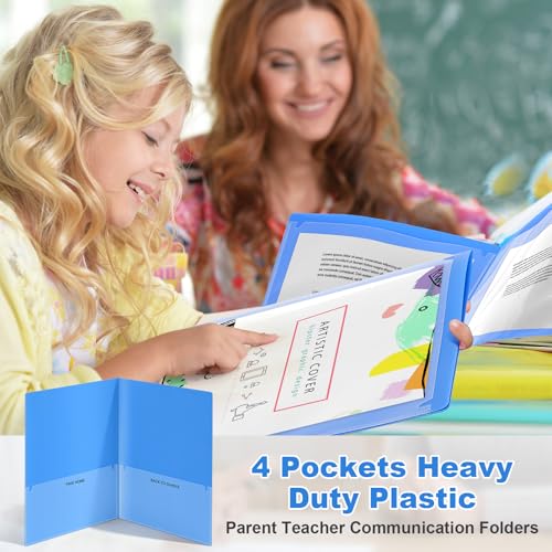 Henoyso 24 Pcs Plastic Folders with Clear Front Pockets Heavy Duty Take Home Back to School Pockets Homework Folders for School Students Parent Teacher Classroom Communication (Blue) - color: Blue