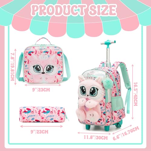 Meetbelify Rolling Backpack for Girls 3D Carton Backpack with Wheels for Elementary Student Kids Plush School Bag with Lunch Box Pencil Case for Girls Ages 6-8 Years Old Pink - color: Pink Fox