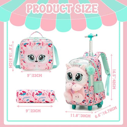 Meetbelify Rolling Backpack for Girls 3D Carton Backpack with Wheels for Elementary Student Kids Plush School Bag with Lunch Box Pencil Case for Girls Ages 6-8 Years Old Pink - color: Pink Fox