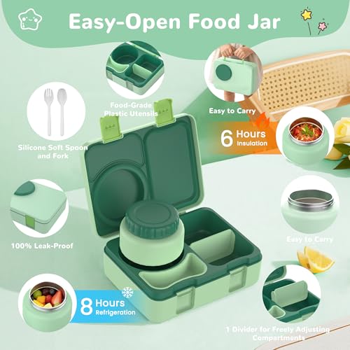 Bento Box for Kids, Leakproof Kids Bento Lunch Box Container with 8oz Insulated Thermo Food Jar, Sauce Jar, Utensil, DIY Stickers for School Boys Girls, 3-4 Compartments, BPA-Free - color: Light Green