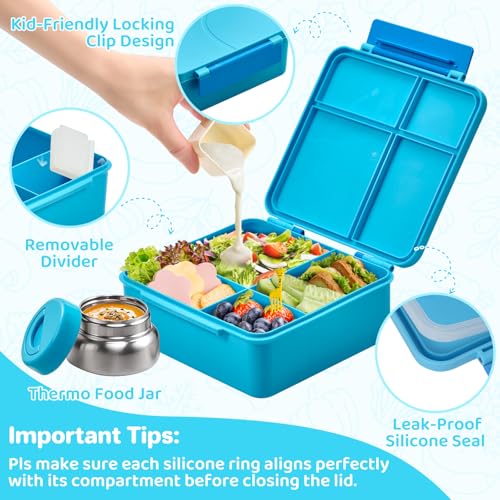 JSLOVE Bento Lunch Box with Leak Proof Thermos Food Jar for Kids, Food Lunch Containers for Boys with 4 Compartments, BPA-Free with Utensils, Food Picks, Sauce Jar & Silicone Lunch Box Dividers - color: Blue