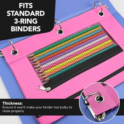 3 Ring Pencil Pouch for Binder, 2-Pocket Zipper Pencil Case with Clear Window & Mesh Pocket, Heavy Duty 600D Oxford Fabric Binder Pouch for School Office Supplies, Fits Standard 3-Ring Binders, Pink - color: Pink