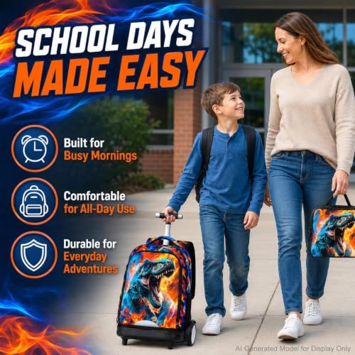 3Pcs Large Rolling Backpack for Boys, 20 Inch Detachable Wheeled Bookbag with Lunch Box, Durable Fire Dinosaur Roller Backpack for Elementary Middle School (Red) - color: Large Wheels Dinosaur Red