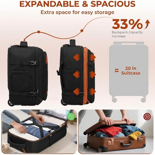 Vancropak Travel Backpack with Wheels, Rolling Backpack Fits 17.3" Laptop | Flight Approved Wheeled Luggage, Expandable Business Travel Suitcase, Womens Work Backpack, 3 Packing Cubes, Water Resistant - color: Black Brown