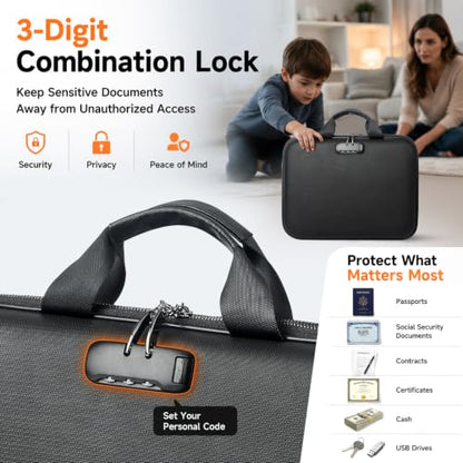 Fireproof Document Box with Lock, Waterproof Hard-Shell File Organizer with 13-Pocket Accordion Folder & Multi-Compartments for Laptop, Documents, Passports & Valuables