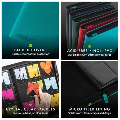 Vault X 9 Pocket Zip Trading Card Binder 360 Cards Exo-Tec (Teal) | Holds 360 standard-size TCG cards in 20 side-loading 9-pocket pages. Padded, water-resistant Exo-Tec cover. - color: Teal, size: 6.8cm x 9.7cm