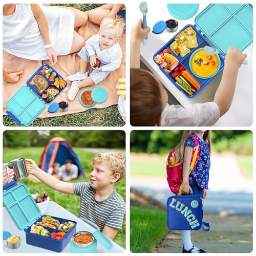 Aimsnk Kids Lunch Box with Thermo Insulated Lunch Bag for School, Blue | Kids Bento Lunch Box with 8oz Food Jar, Leak Proof Hot Soup Lunch Containers with 4 Compartment, Warm Lunchbox for Toddler - color: Blue