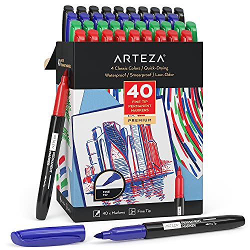 ARTEZA Colored Permanent Markers, Set of 40, Fine Tip Paint Pens - style: Set 40, 4 Classic Colors