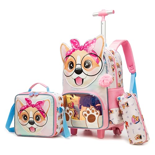 Meetbelify Backpack with Wheels for Girls Rolling Backpack Cute Carry on Backpack Kids Luggage with Lunch Box Pencil Case for Elementary Student - color: Dog