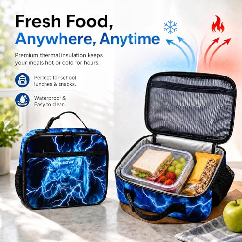 Game Backpack Set for Boys Kids – 17" Large Capacity Gaming School Bag with Lunch Box, Pencil Bag and Coin Purse (Blue) - color: Blue-1