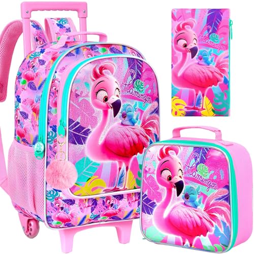 AGSDON 3PCS Kids Rolling Backpack, Girls Roller Wheels Bookbag, Wheeled Elementary School Bag with Lunch Bag - Flamingo - color: Flamingo Pink Roller