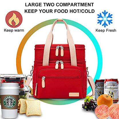 Weitars Lunch Bag for Women, Loncheras Para Mujer Waterproof Reusable Large Dual Compartment Lunch Box Wide-Open Cooler Tote Bag For Nurse Office Working Picnic Hiking (15L) (Red) - color: Red