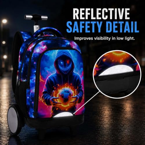 UFNDC Big Wheel Roller Bag, Water-Resistant Rolling Backpack for Boys with Lunch Box & Pencil Case, 3-Pack Kids Wheeled School Bookbag Travel Set - Devil Soccer - color: Rolling Backpack Devil Soccer Blue