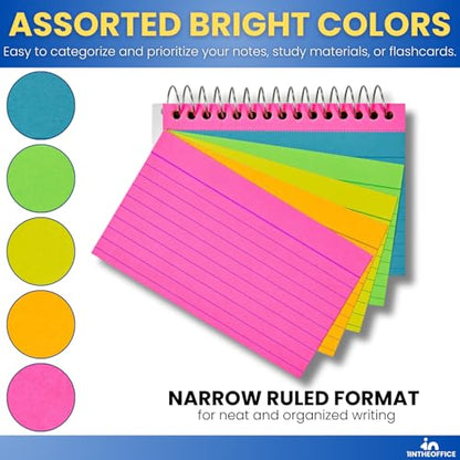 1InTheOffice Spiral Index Cards 3x5 Ruled, Neon Note Cards Spiral Bound, Spiral Bound Index Cards, 50 Cards/Pack, 2 Pack