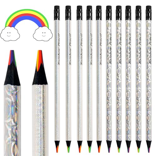 ThEast 10 Rainbow Colored Pencils, 4 Colors in 1 Rainbow Pencil for Adults, Multicolor Triangle Pencil for Party Bags, Glitter Art Supplies, Pre-sharpened - style: Holographic