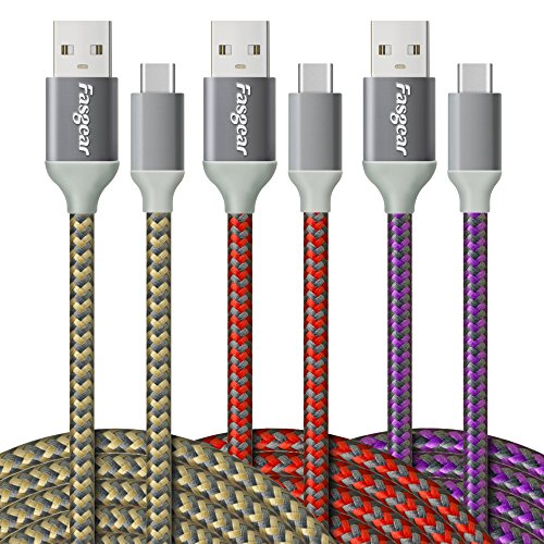 Fasgear USB C to USB A Cables, 3 Pack, 10ft, Gold/Red/Purple | 3A Fast Charging, Type-C 2.0, Braided, Compatible with Galaxy S21 Plus Note 10 S9 S8 A60 A5/LG V20 G6/Moto G/PS5 Controller - color: Gold/Red/Purple