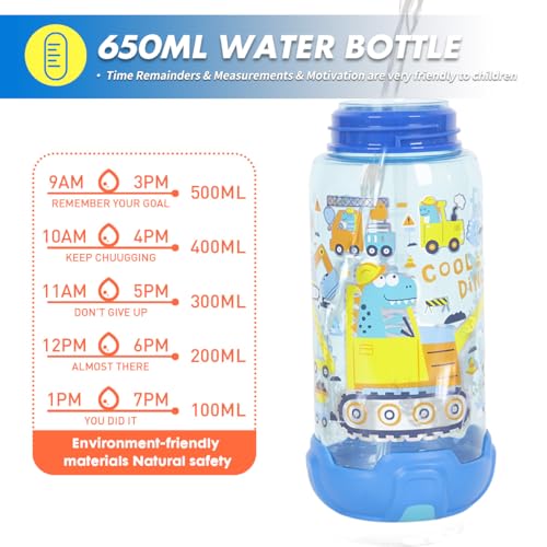 Kids Water Bottle with Straw/Lanyard for School Kids Girls Boys, 22oz BPA Free Child Drinking Water Bottle One-Click-Open Leak-Proof Locking Flip Lid for School Sport Travel - color: H14. Dinosaur