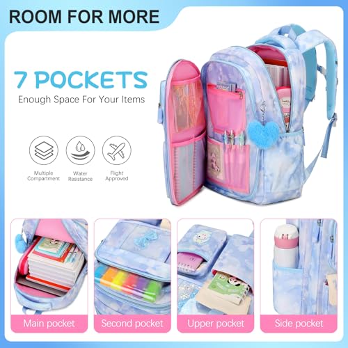 Jafeton Backpacks for Girls, Girls Backpack with Insulated Lunch Bag and Pencil Case for Kids Teens Elementary Middle High School Student, Cute Bow School Bag Travel Daypacks Book Bag Set - color: Blue