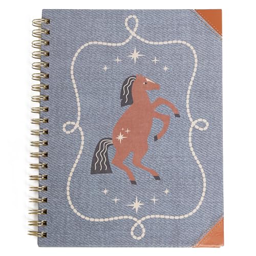 Pearhead Western Spiral Notebook, Denim Hardcover Cowgirl Journal – 100 GSM Thick Lined Pages, Lay Flat Twin-Wire Gold Coil Binding, PU Leather Corners, Tear-Away Perforations, Horse Lover Gift, 8x10.5 - color: Denim Rodeo Horse Spiral Notebook