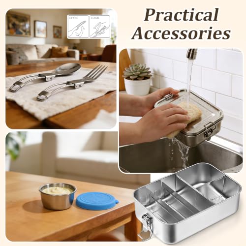 Qtencas Stainless Steel Lunch Box, 47oz / 1.4L Stainless Steel Bento Box | Metal Lunch Bento Box with Removable Dividers, Leakproof Condiment Containers, Dishwashing Sponge and Foldable Sporks - size: 47oz