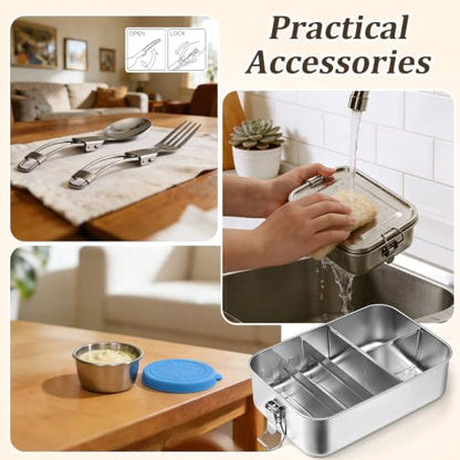 Qtencas Stainless Steel Lunch Box, 47oz / 1.4L Stainless Steel Bento Box | Metal Lunch Bento Box with Removable Dividers, Leakproof Condiment Containers, Dishwashing Sponge and Foldable Sporks - size: 47oz