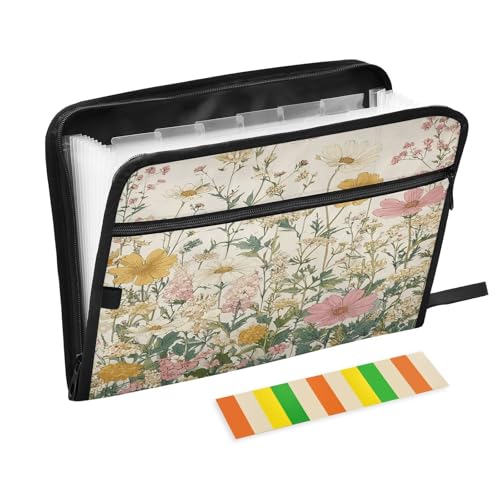 Pink Beige Flowers Accordion File Organizer Expanding Document Folder with 13 Pockets Portable File Folder for A4 Letter Size - color: Pink Beige Flowers