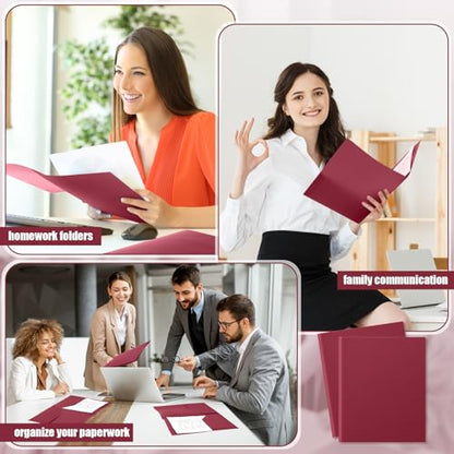 Gueevin 100 Pack Plastic Folder with Pockets, 2 Pocket Folders, Plastic Glossy Folders Fit Letter Size Paper, Heavy Duty Durable File Folder with Business Card for Home Office School (Dark Red) - color: Dark Red
