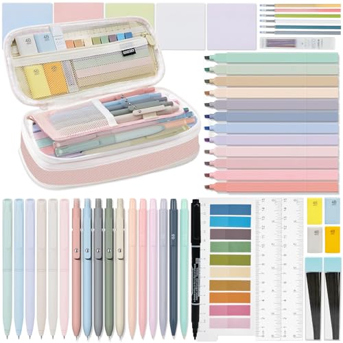 HRFGWDD 52 PCS Aesthetic School Supplies with Highlighters, Mechanical Pencils, Color Ink Gel pens, Pencil Case, Bible Study Supplies, Pens Pencils and Highlighters Set, Stationary Set for Student - color: 52pcs