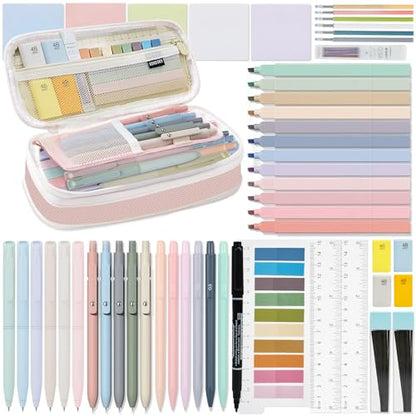 HRFGWDD 52 PCS Aesthetic School Supplies with Highlighters, Mechanical Pencils, Color Ink Gel pens, Pencil Case, Bible Study Supplies, Pens Pencils and Highlighters Set, Stationary Set for Student - color: 52pcs
