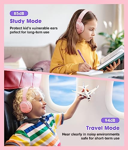 Kids Headphones Bluetooth 60H, Foldable On Ear Headphone with MIC, Volume Limiter 85dB/94dB Wireless & Wired Headphones, Over-Ear Headphone for Kid Adult School Online Class Travel, Pink