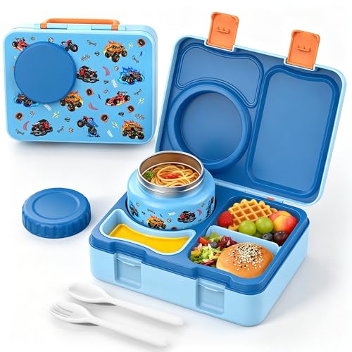 Kids Lunch Box with Thermo, Leakproof Bento Box for Kids with 8OZ Insulated Food Jar, Ice Pack, Sauce Cup, Utensils, Removable Tray & Dividers for School Daycare Travel (Trucks) - color: Trucks